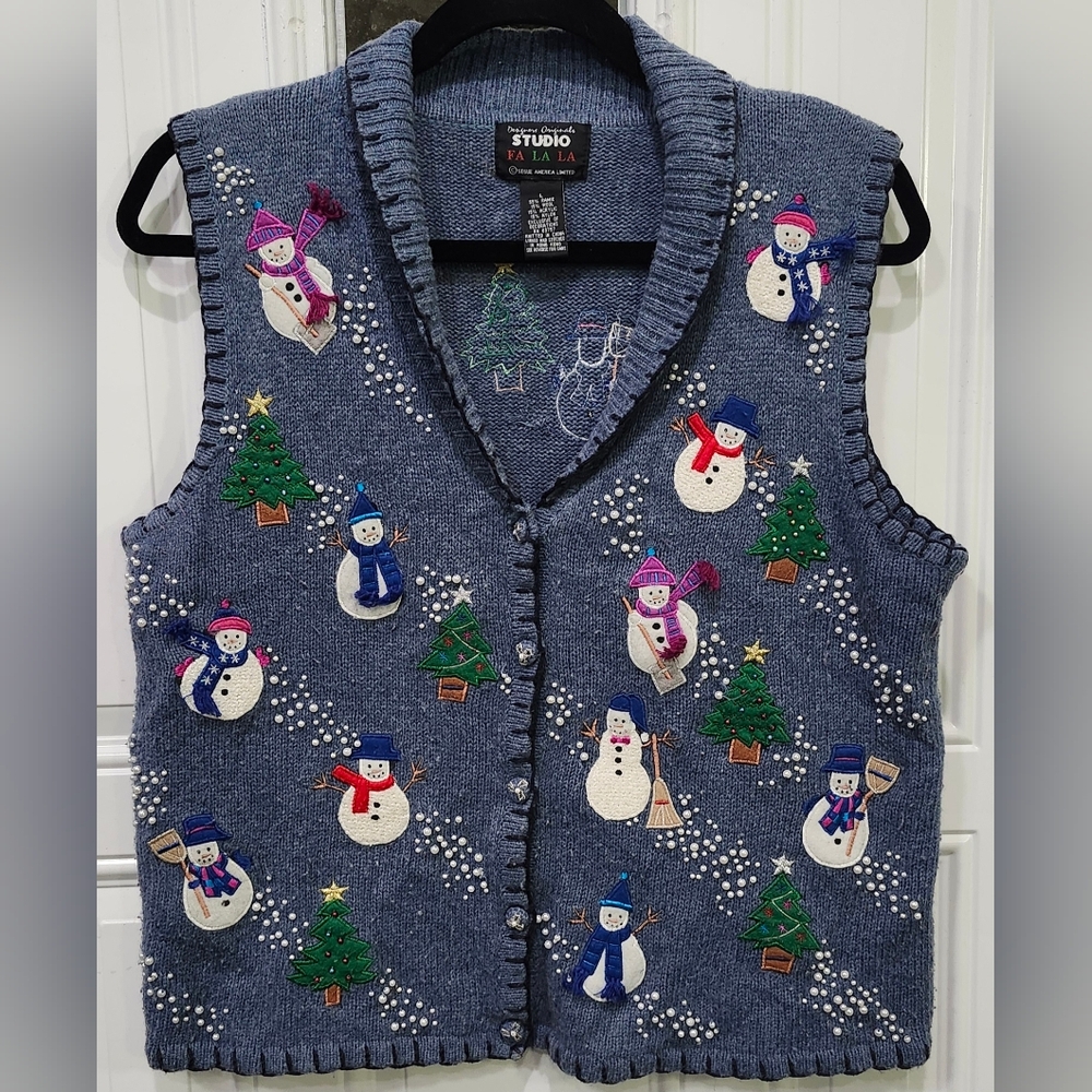Design Studios FaLaLa Blue Christmas Wool Blend Sweater Cardigan Women's Size L